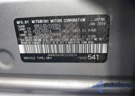 2019 Mitsubishi Outlander Sel z USA, uszkodzony, nr VIN JA4AD3A34KZ039914